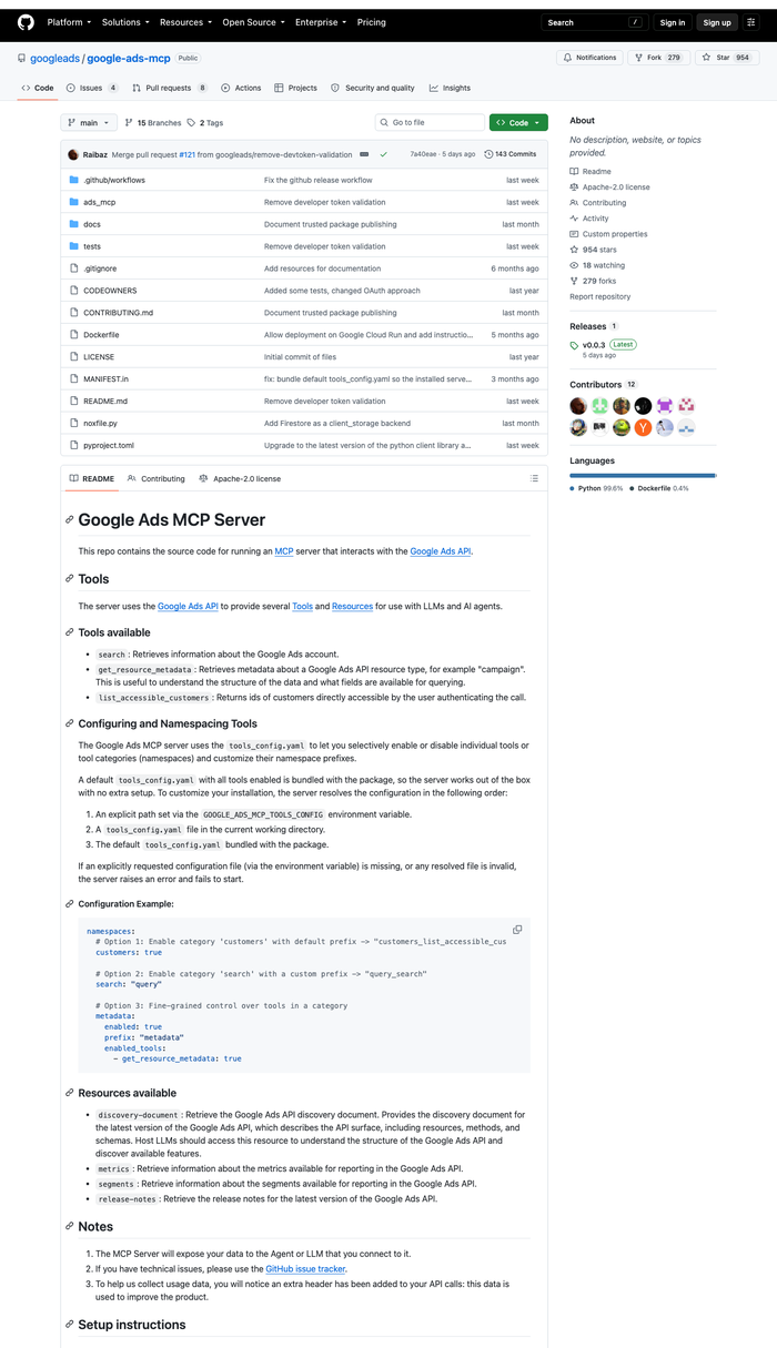 Google Ads MCP server GitHub repo showing README with tool list and setup instructions. 914 stars, 270 forks, Apache 2.0 licensed