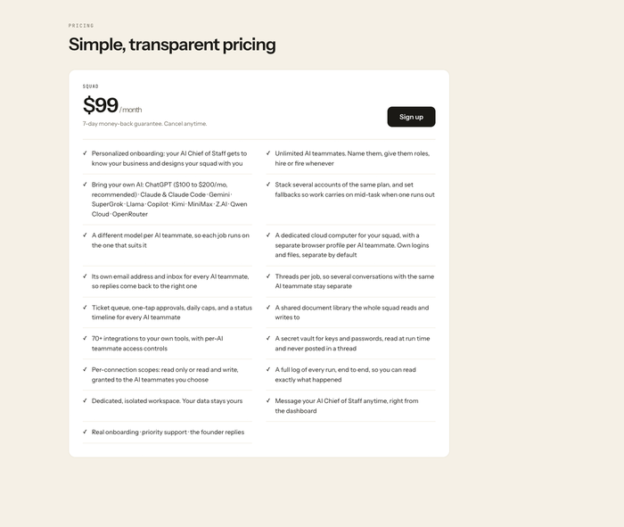 Squad.so pricing section showing the $99/mo plan with unlimited AI teammates and 70+ integrations