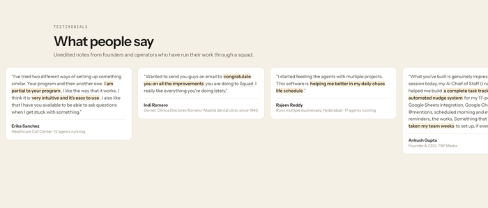 Squad.so testimonials section showing user reviews from founders and operators