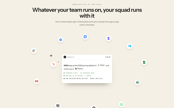 Squad.so works-with-tools page showing 70+ integration logos including Stripe, Slack, Notion, Google Workspace, and ad platforms