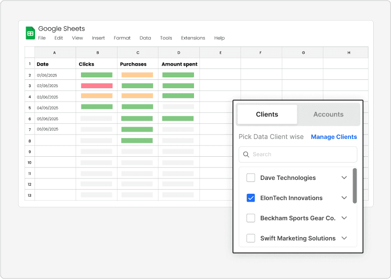 Two Minute Reports client management interface showing multiple client accounts mapped to data sources