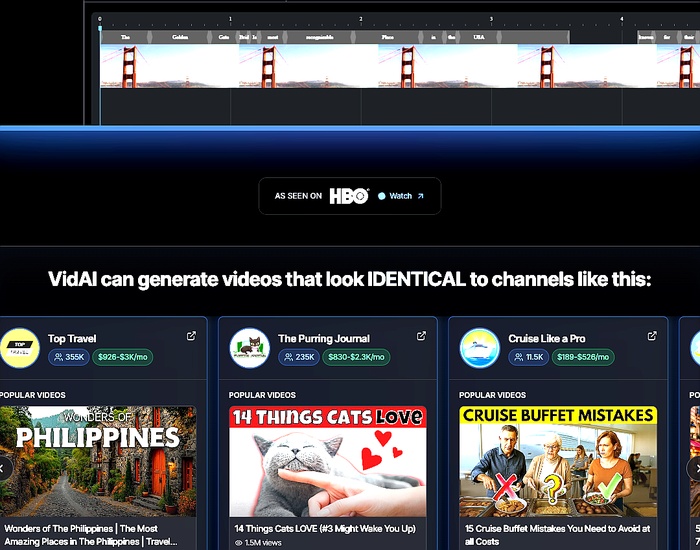 VidAI channels powered by the platform: Top Travel, The Purring Journal, Cruise Like a Pro, and The Anywhere Life