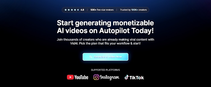VidAI hero section with main headline, CTA button, and dashboard preview