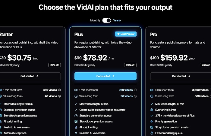 VidAI pricing section showing Starter, Plus, and Pro plans with yearly discounts