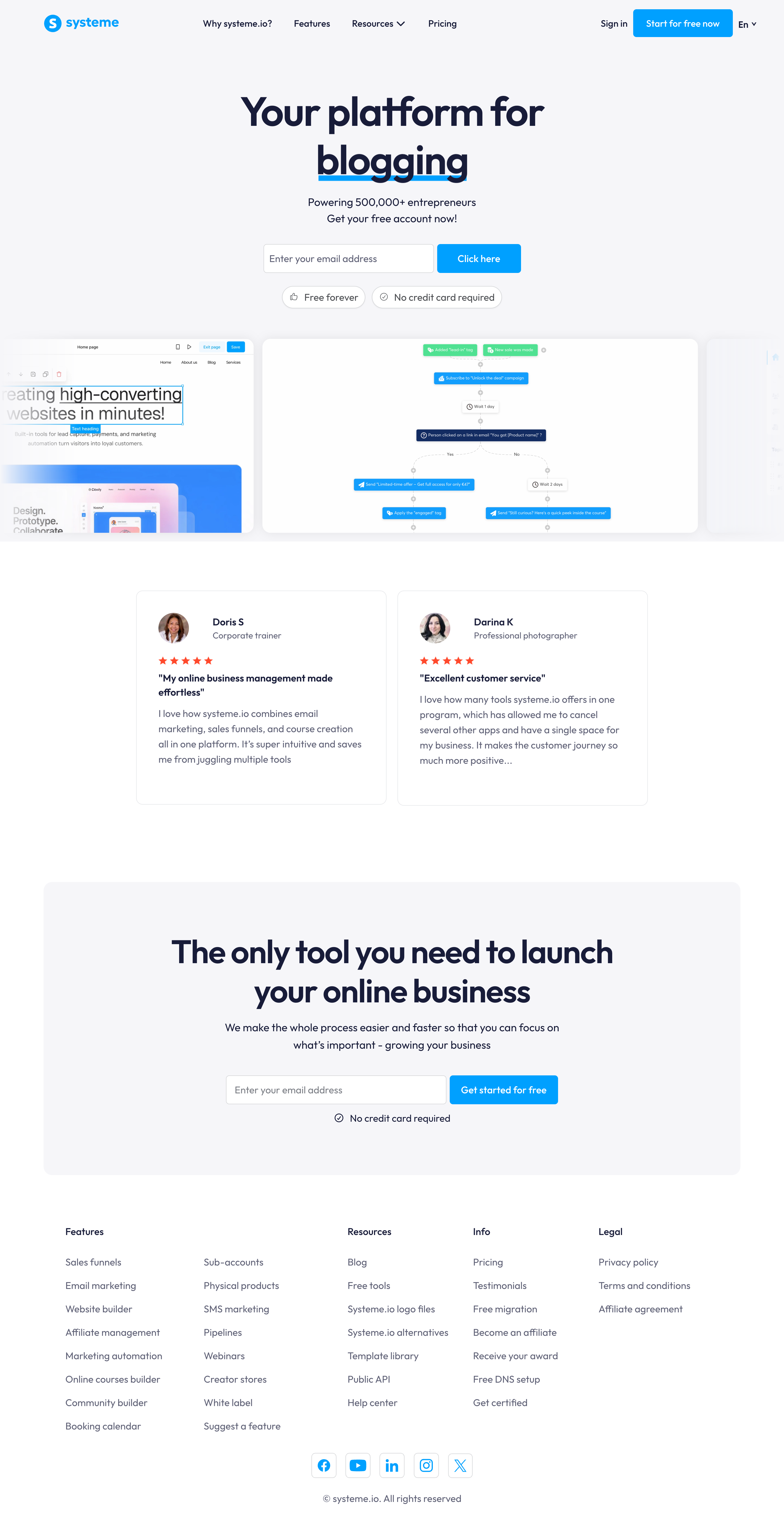 Systeme.io homepage — all-in-one platform for sales funnels, email marketing, courses, and affiliate management