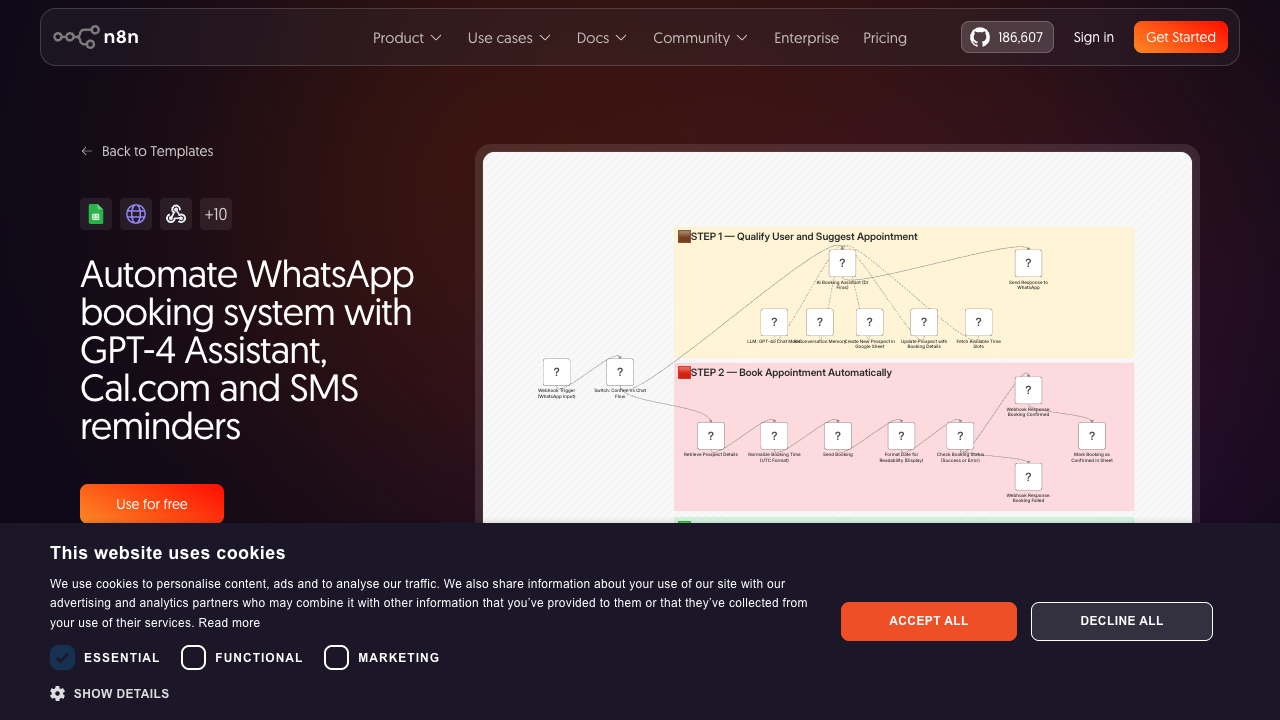 n8n workflow canvas for AI booking bot showing 2 steps: qualify user and book appointment automatically